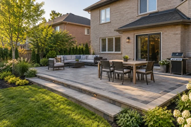 Paver terrace with dining and lounge seating beside a tan-brick house.