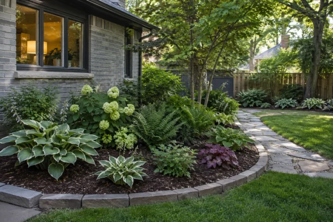 Curved backyard bed with honest young-plant spacing