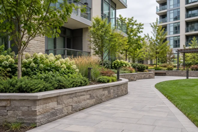 Condo planting terrace with sensible drainage and maintenance access