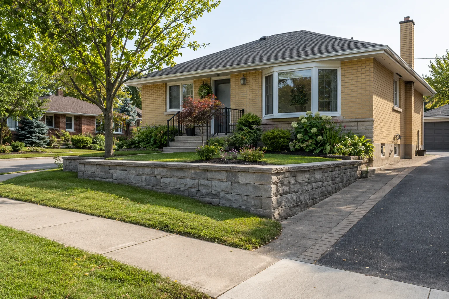 Low grey block retaining wall holding a raised front lawn and garden beside a yellow-brick bungalow