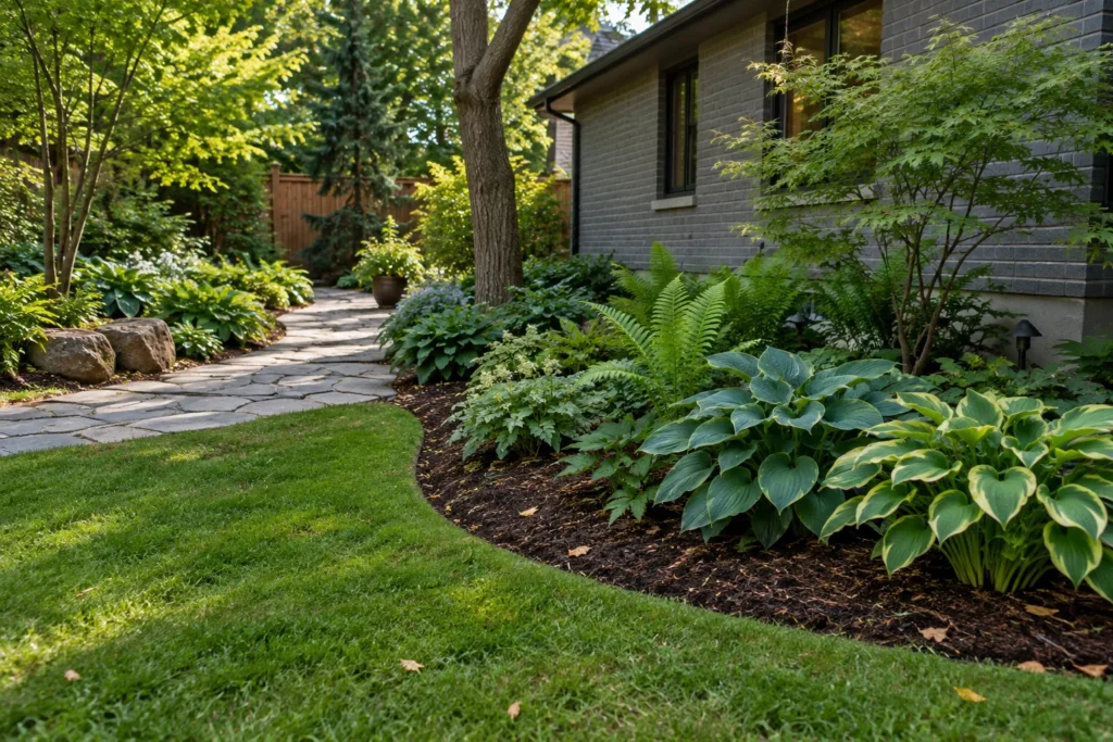 Curved lawn edge beside a mulched shade garden and stone path