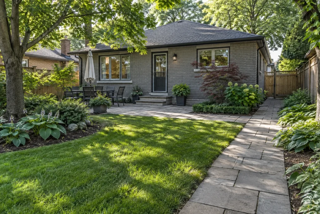 Outdoor surfaces and planted borders with separate repair needs visible