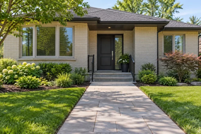 Straight paver front path leading to railed steps at a cream-brick bungalow.