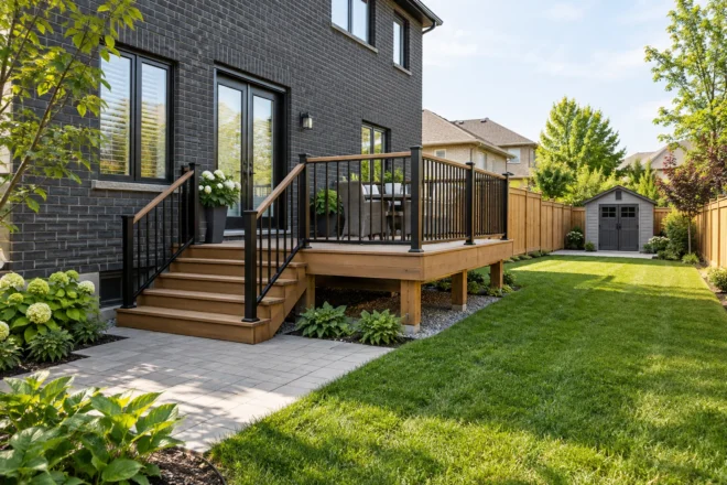 Compact deck around an ordinary rear door and lawn