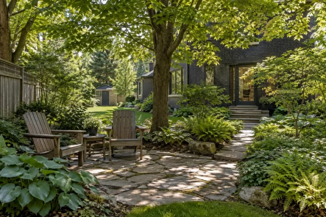 Shaded stone seating patio in a compact rear garden