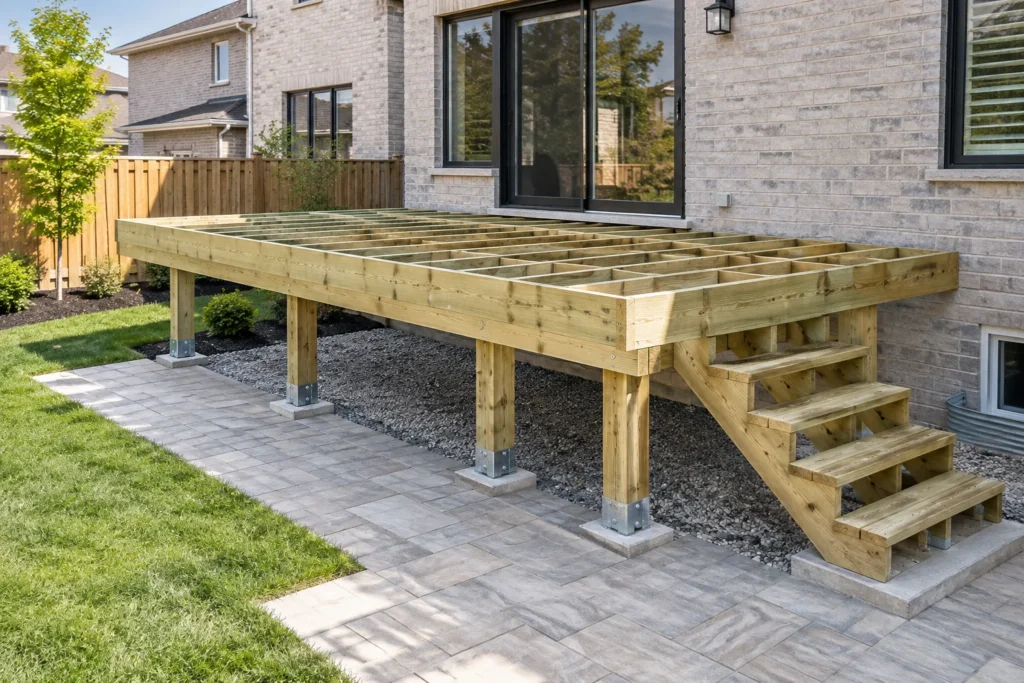 Deck framing with correctly supported beams and joists