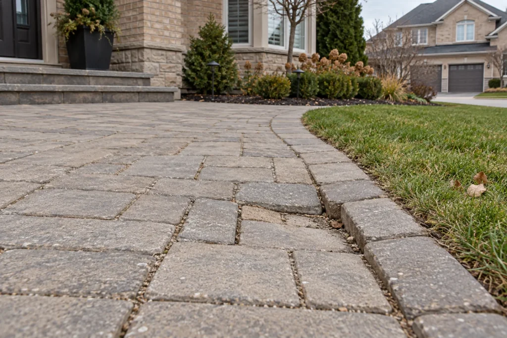 Depressed interlocking pavers along the edge of a front walkway