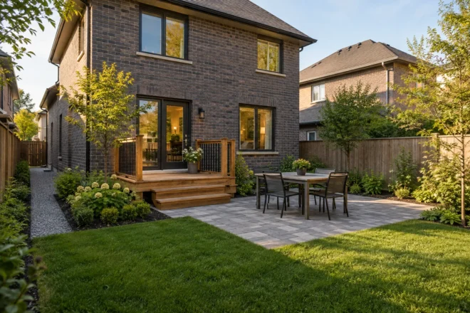 Low cedar deck and wide steps meeting a paver dining terrace and lawn