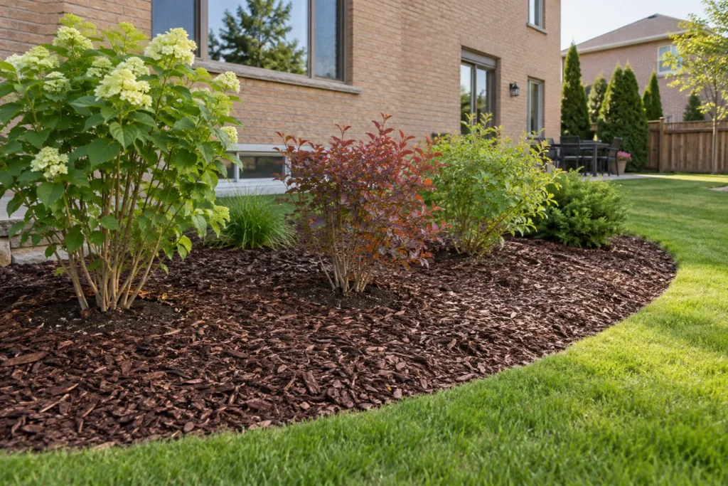 Exposed shrub stems above bark mulch beside a buff-brick home