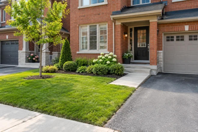 Small private lawn and planting border at a red-brick townhouse