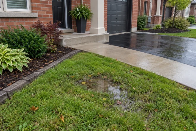 Shallow puddle in a constrained townhouse grass pocket