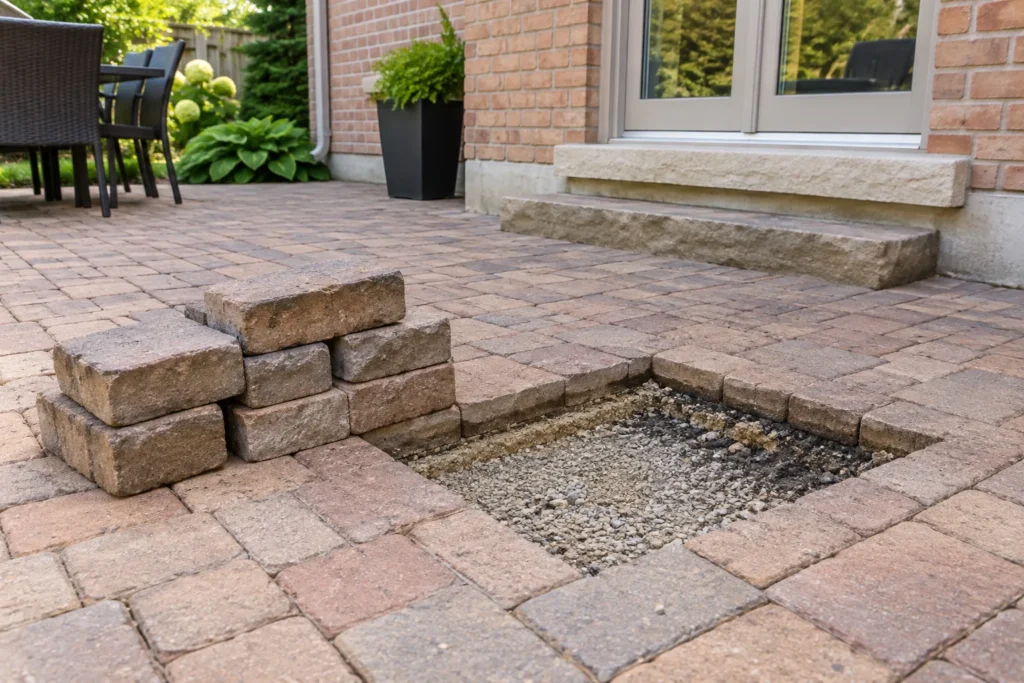 Lifted patio pavers stacked beside an inspection opening revealing bedding and aggregate