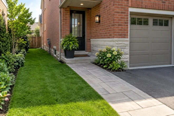 New turf in a narrow private side yard beside a red-brick townhouse