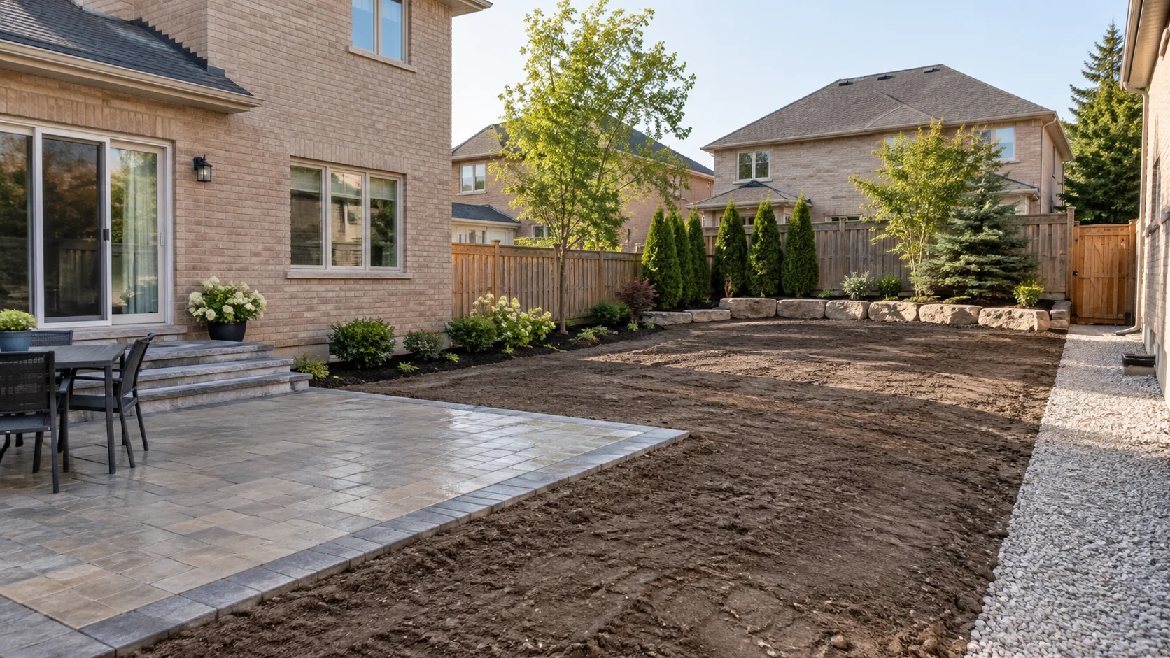 Finished patio beside a bare future lawn area with side-yard construction access