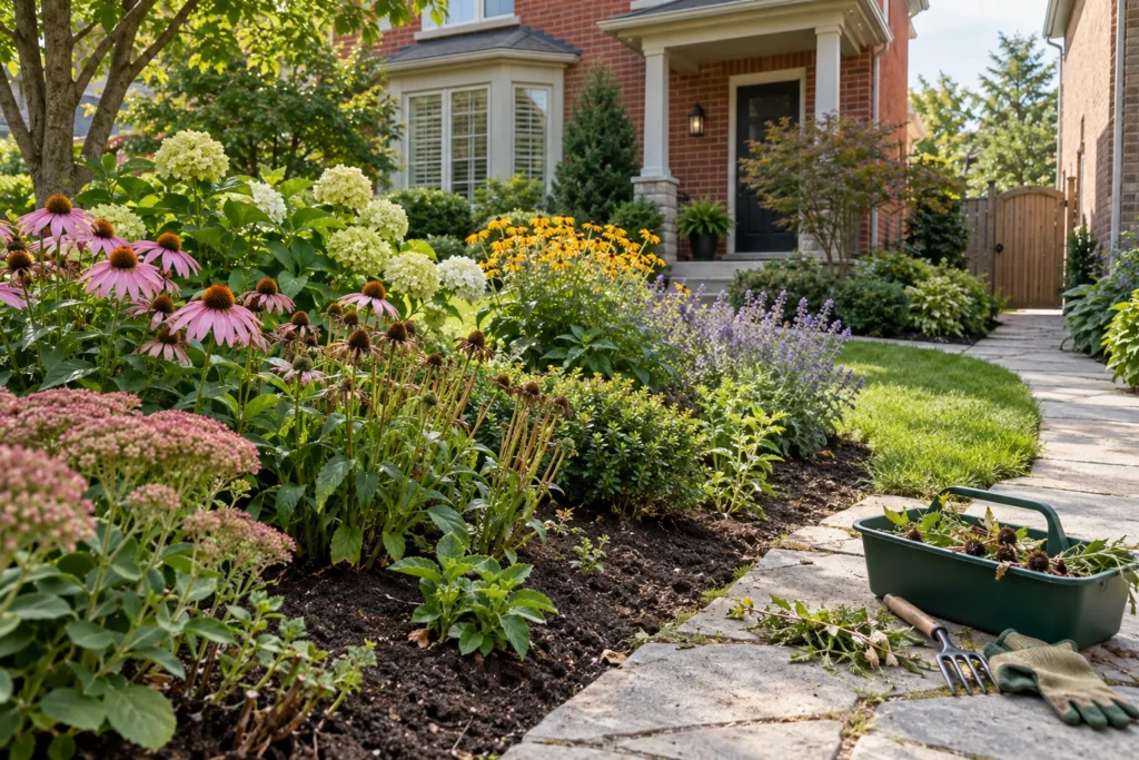 Perennial bed beside a trug of removed weeds and spent flower heads
