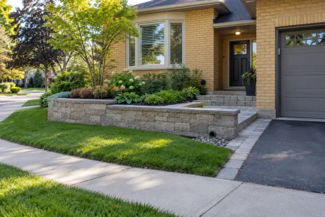 Low stone garden retaining wall with a drainage outlet beside a yellow-brick bungalow entrance