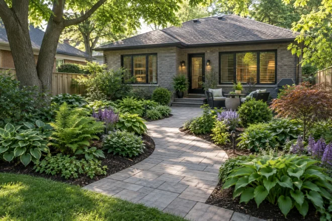 Broad shade-garden beds beside a clear path to a grey-brick bungalow