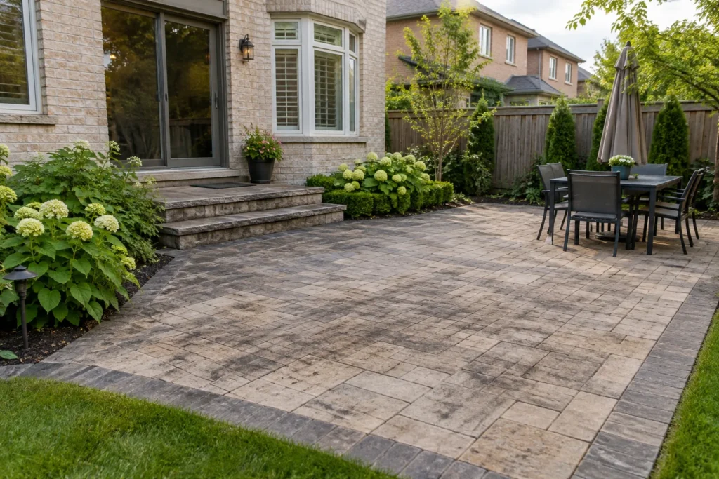 Patio pavers with dark organic surface staining beside a brick home