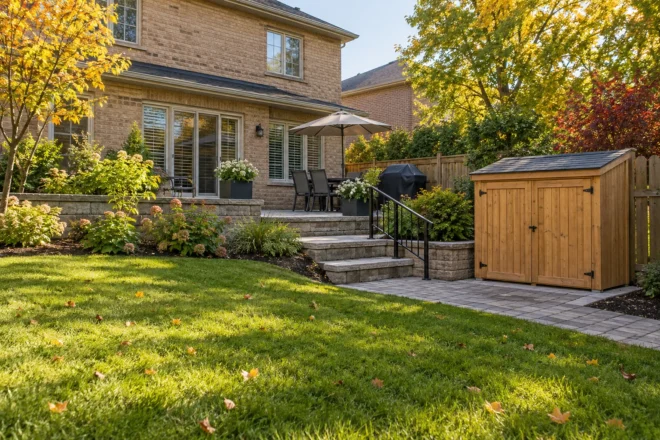 Timber garden storage cabinet beside a paved path and steps to an upper patio
