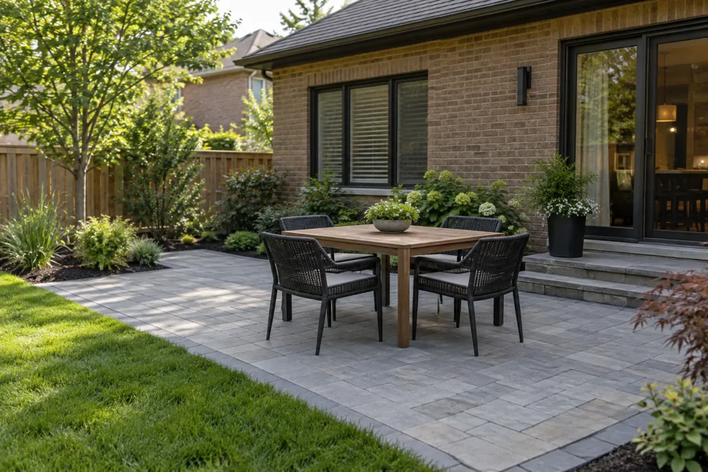 Four chairs pulled out around a square outdoor dining table on grey pavers