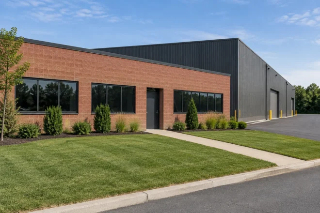 Tidy industrial lawn and low-maintenance planting beside a clear staff walkway and service drive.