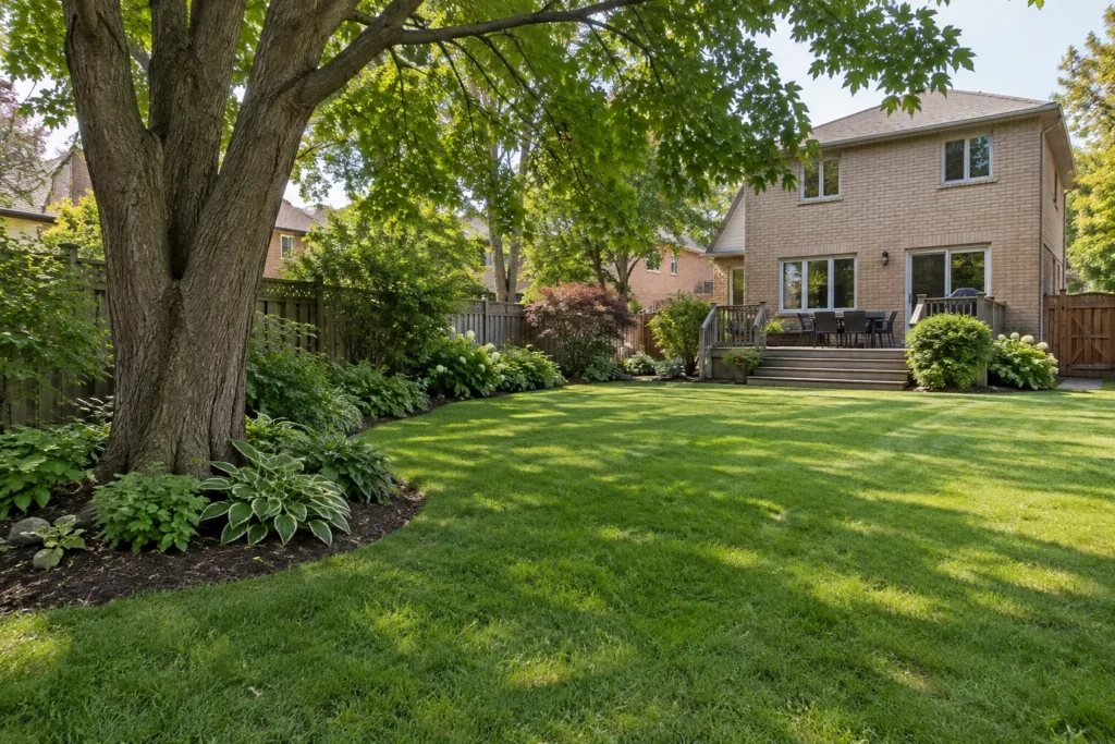 Mature maple and established planting beside an open lawn with a modest deck beyond