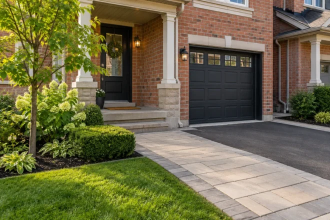Clean paver approach at a red-brick townhouse