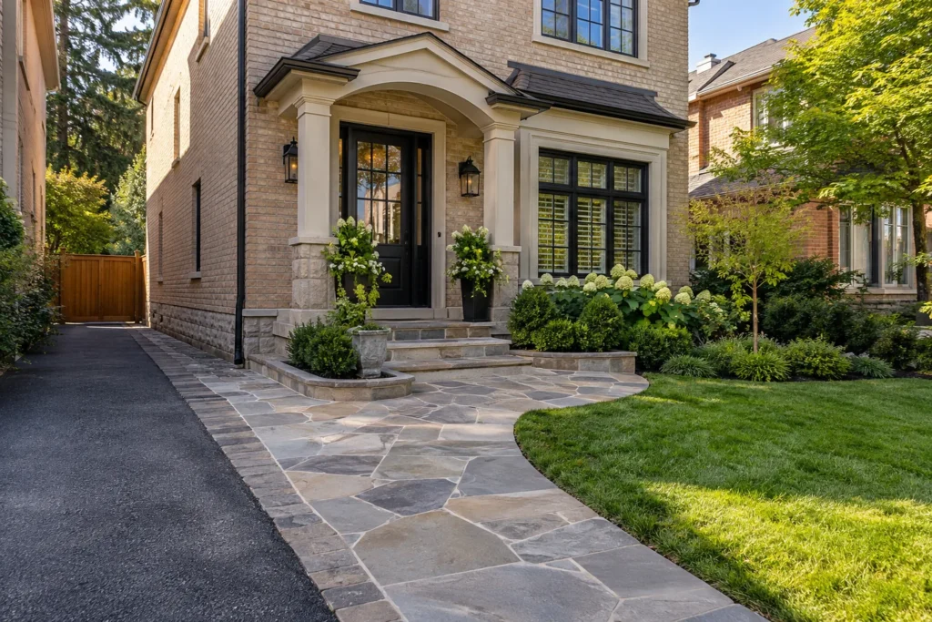 Flagstone entrance path with restrained edging beside a lawn