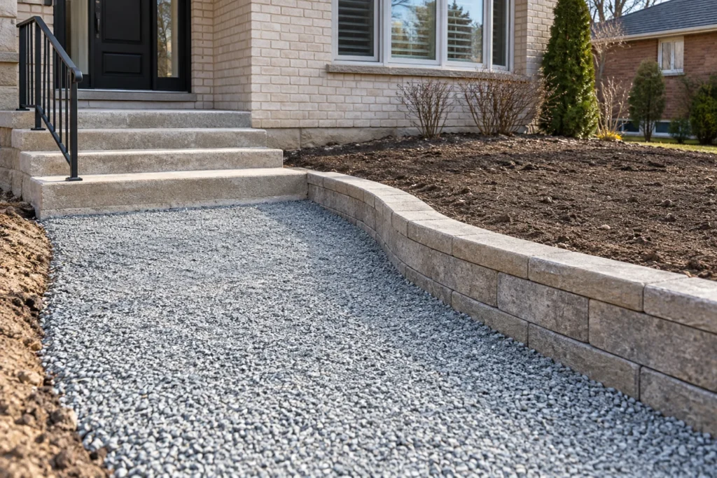 Granular walk preparation beside a low retaining edge and bare garden soil
