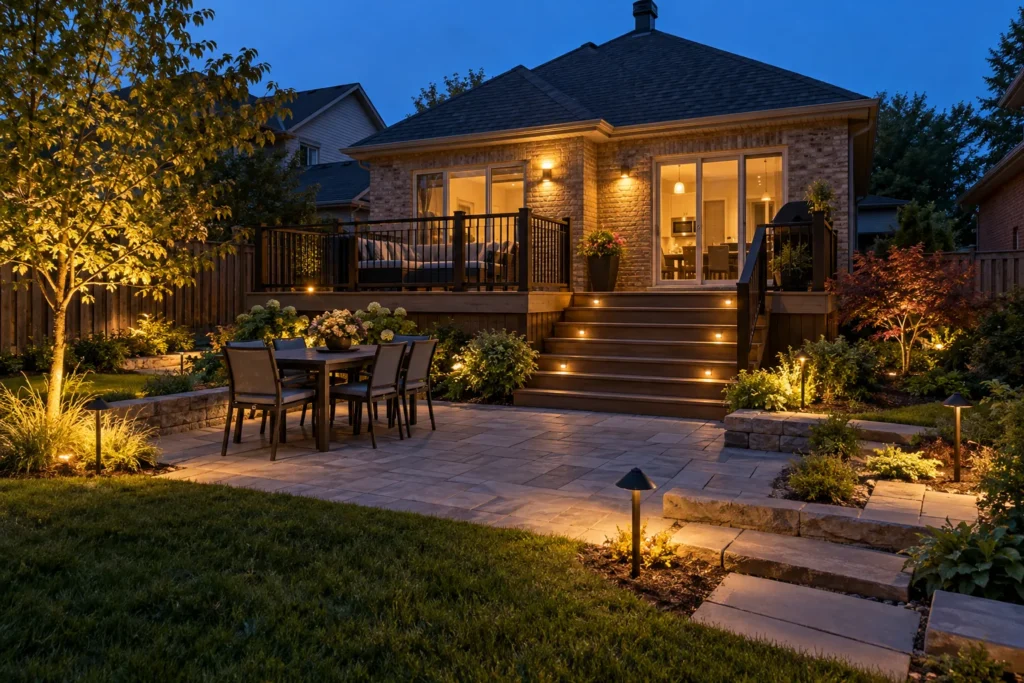 Patio and deck-edge lighting with believable fixture placement