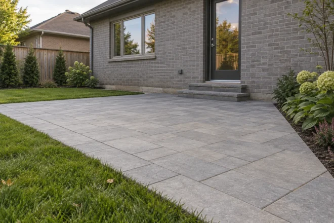 Precise paver patio framed by lawn and restrained border