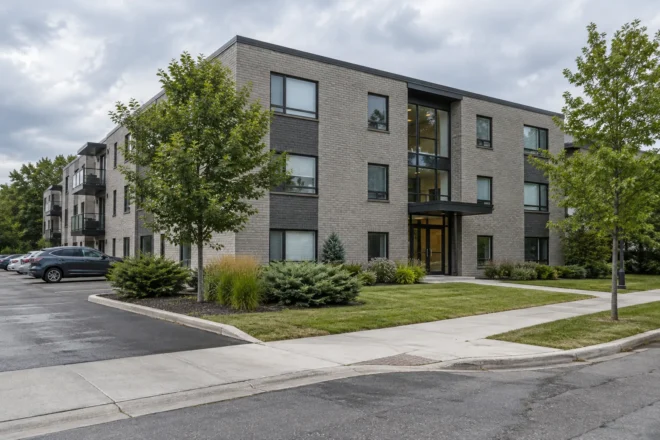 Apartment corner frontage with low planting, clear sidewalks and a small parking area.