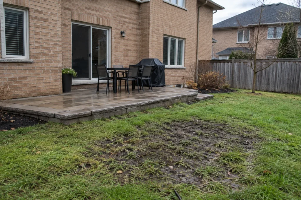 Shallow low lawn area beside a raised patio