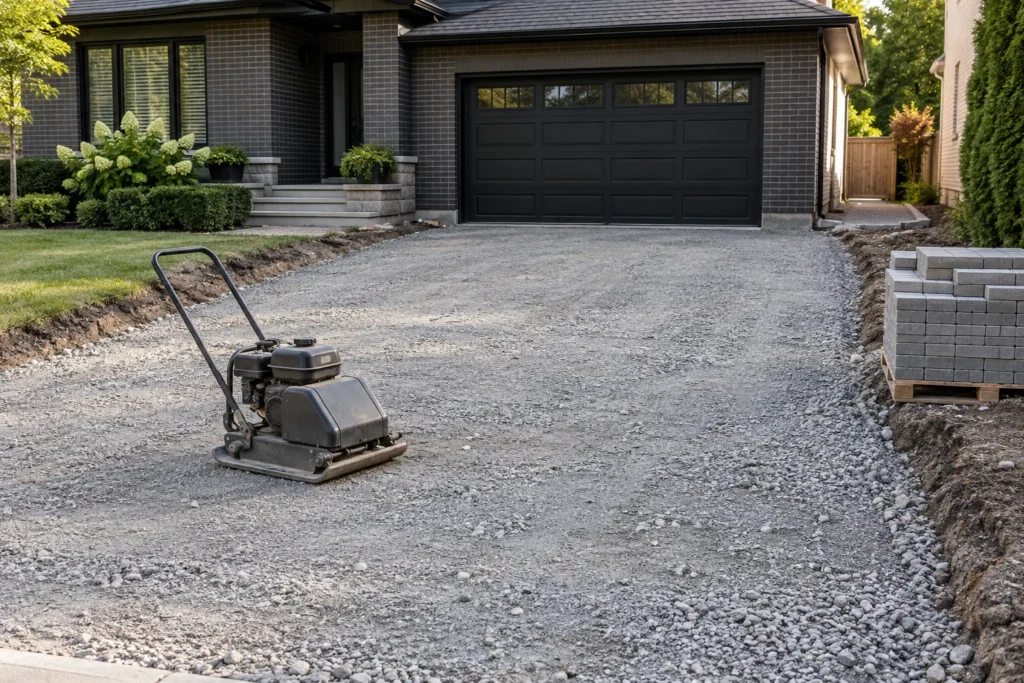 Unpaved driveway aggregate base with a plain plate compactor and staged paving units