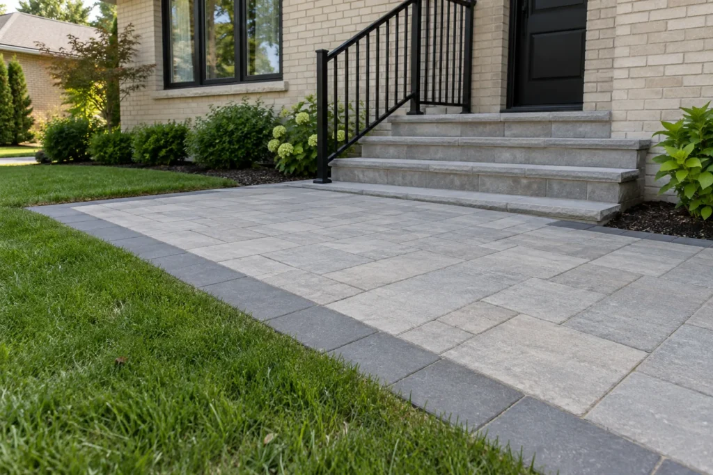 Grey rectangular pavers and a dark restrained border beside a cream-brick entrance with a black rail