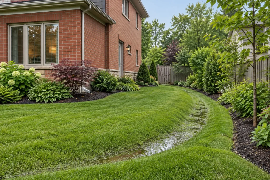 Open shallow grass route beside lawn and existing planting