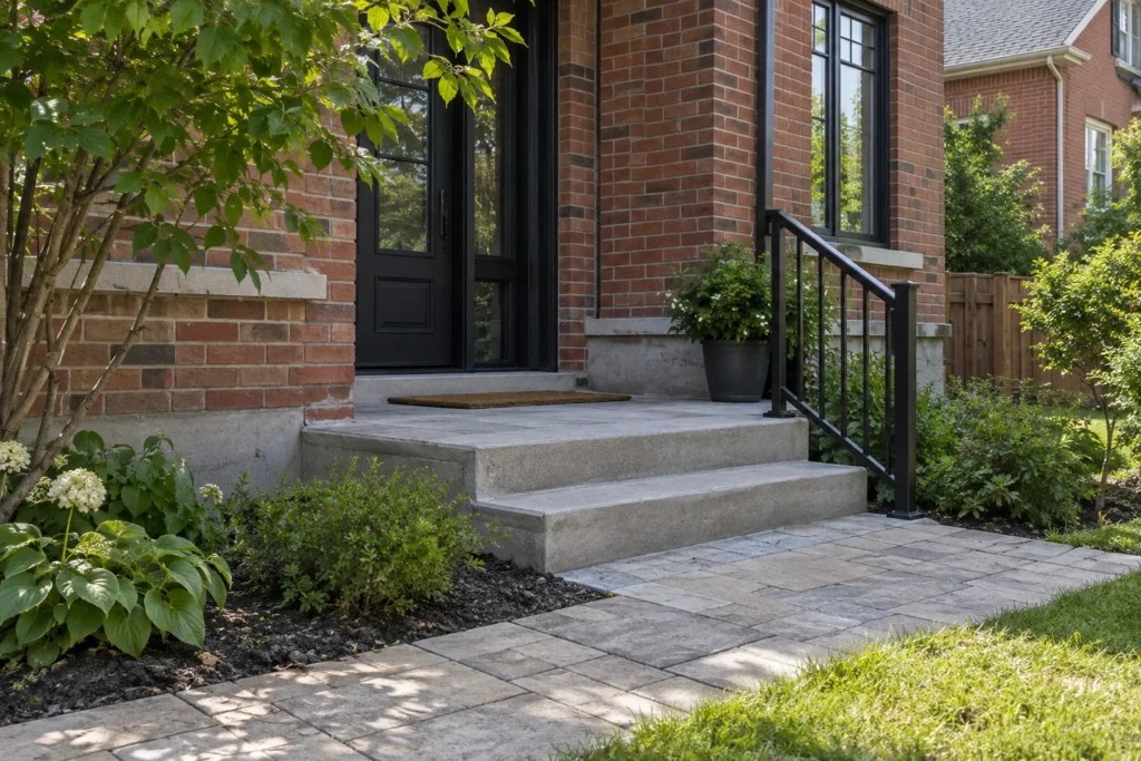 Existing concrete entrance steps and landing with a black handrail at a brick home.