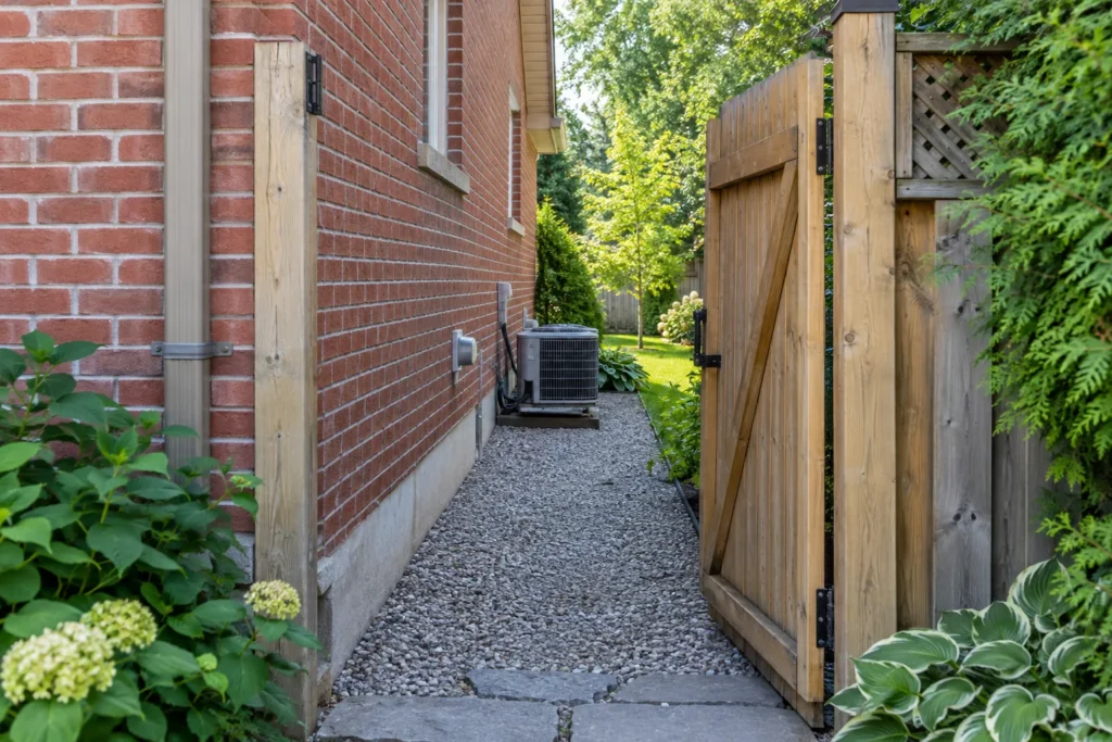 Open timber gate and gravel side passage narrowed by an air-conditioning unit