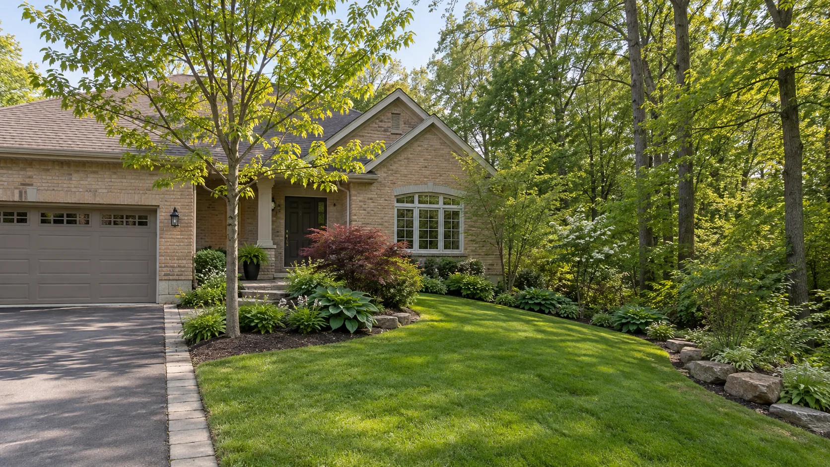 Ordinary private garden near a natural wooded edge without identifiable mapped-property claim