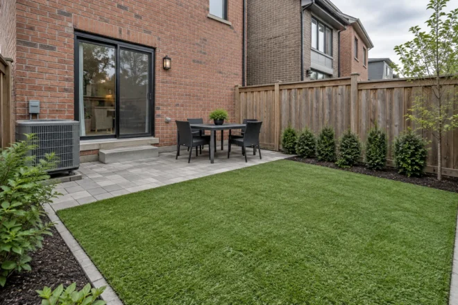 Small synthetic lawn and paver sitting terrace in a townhouse yard
