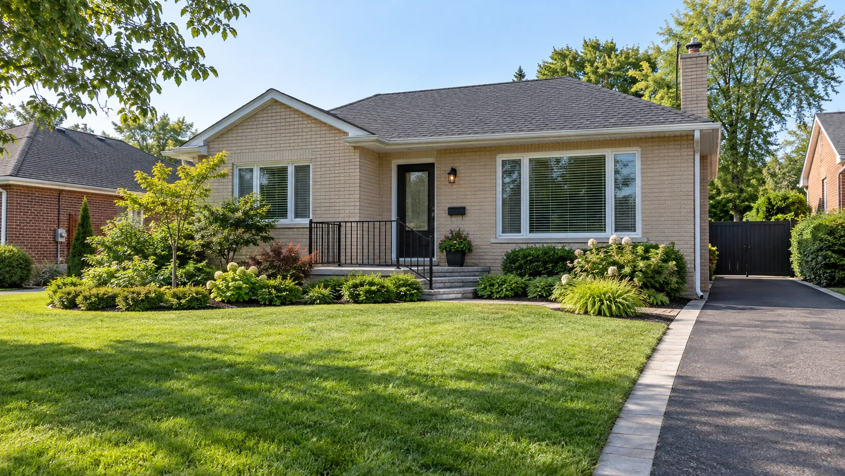 Well-maintained ordinary property linking tidy lawn, healthy beds and clear exterior access