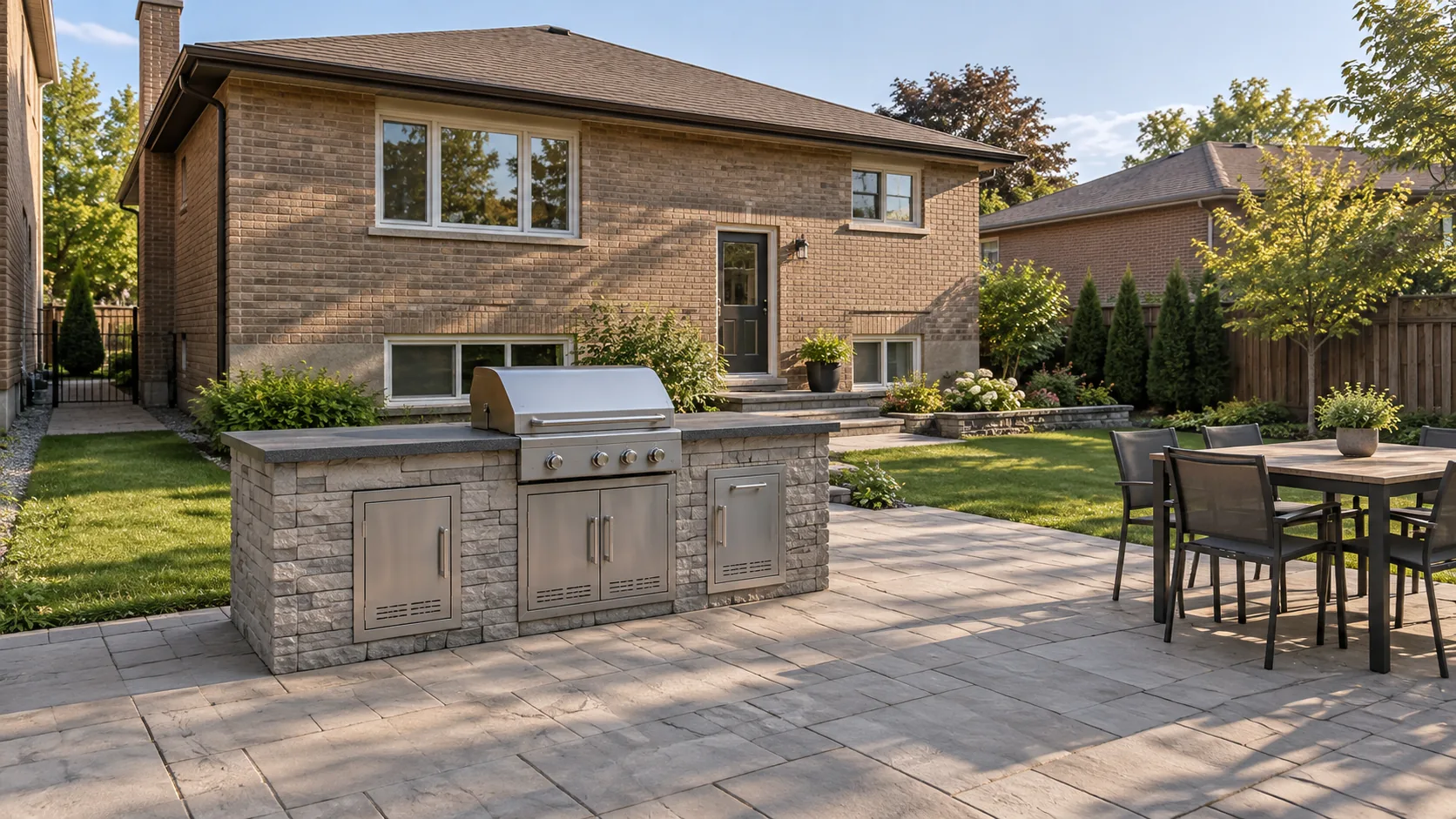 Compact stone-faced outdoor kitchen and separate dining area on a broad paved terrace