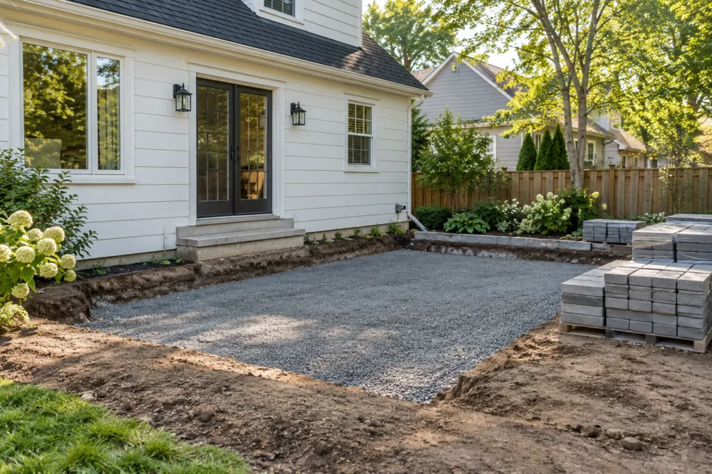 Excavated patio footprint with level aggregate and orderly staged pavers