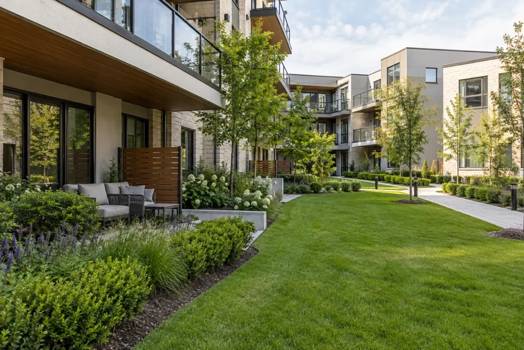 Common-area boundary between private patio and shared lawn