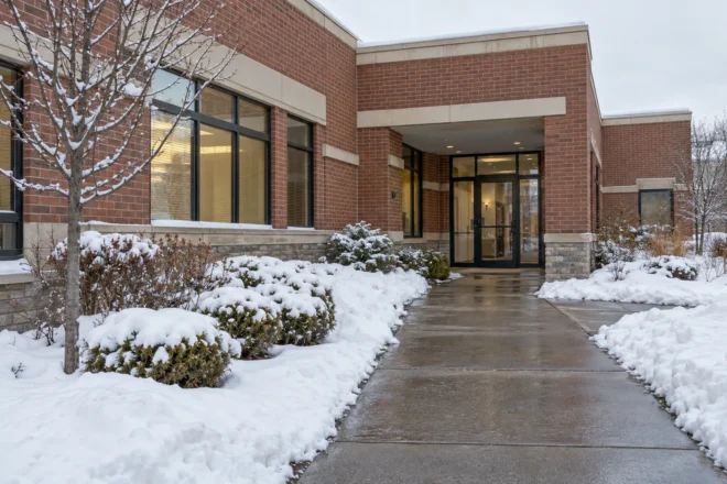 Medical building forecourt with open entrance route