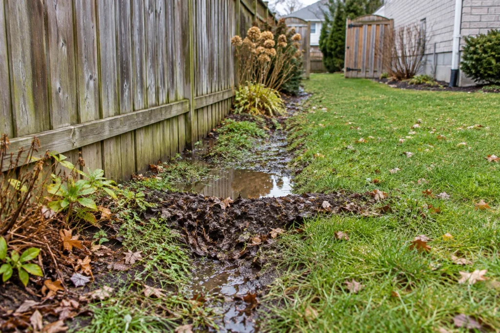 Soil and leaves interrupting a shallow wet surface route along a fence