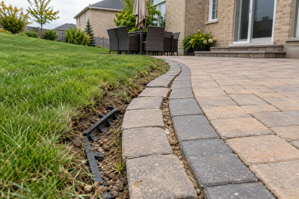 Spreading patio border with detached edge restraint exposed beside the lawn