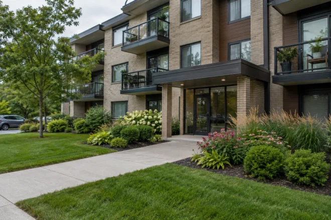 Low-rise apartment entrance beds and walkway