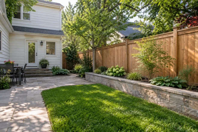 Straight privacy fence coordinated with a low garden wall