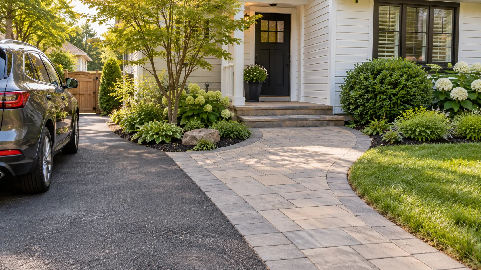 Curved paver entrance walk from a driveway to two shallow porch steps at a white-sided home.